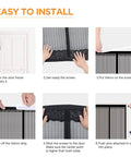 Installation steps for Magnetic Screen Door For Doors Up To 37 By 82 Inches, showing self-sealing mesh magnetic closure.