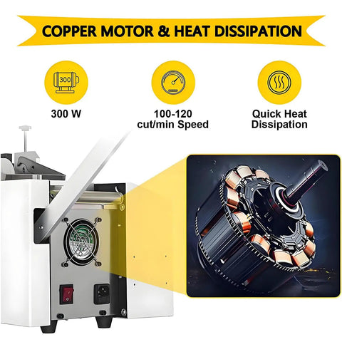 Detail of Heavy Duty Automatic Electric Heat Shrink Tube Cutter And Wire Stripping Machine showing 300 W copper motor and heat dissipation.