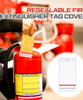 Heavy Duty Resealable Fire Extinguisher Tag Covers 100 Pack Crystal Clear Waterproof Plastic Inspection Sleeves With Slick Side Opening For Hassle Free Yearly Safety Checks on fire extinguisher.