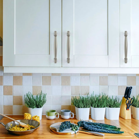 Kitchen with white cabinets featuring 10 Pack 5 Inch Brushed Satin Nickel Cabinet Handles for Kitchen Cabinets and Drawers, Durable Cabinet Pulls