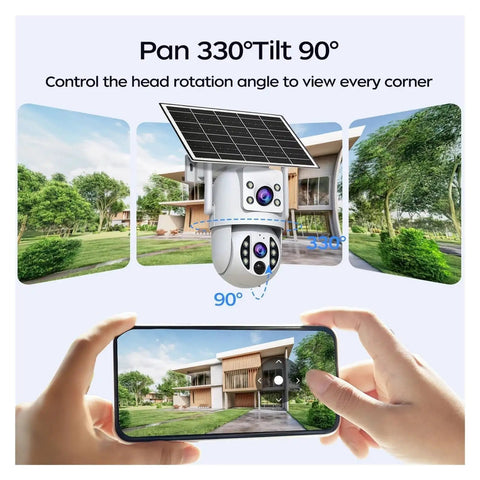 For Real 4K Dual Lens Outdoor Security Camera With Hassle Free Solar Charging And Clean 360 Pan Tilt Zoom Wifi Wireless Surveillance System For Yard Watch, showing pan and tilt features.