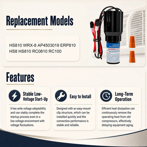 3-In-1 Hard Start Capacitor Quick Connect For 1/12 To 1/5 Hp. 145-175 Mfd 115V with wires and connectors for easy installation.