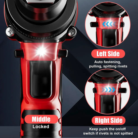 Rivet Gun For Milwaukee 18V Battery - Cordless Riveting Tool with LED light and control instructions visible