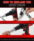 Instructions on replacing rivet head using Heavy Duty Cordless Rivet Gun With Brushless Motor And Serious Torque.