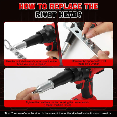 Instructions on replacing rivet head using Heavy Duty Cordless Rivet Gun With Brushless Motor And Serious Torque.