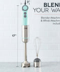 5 Speed 330 Watt Immersion Hand Blender With Stainless Steel Blades And Whisk Attachment For Soups Smoothies And Purees Hella Versatile Kitchen Game Changer That Blends Like A Boss In Sleek Aqua on countertop with dimensions.