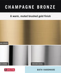 Comparison of finishes: champagne bronze, polished chrome, and brushed nickel, showcasing a warm, muted brushed gold finish.