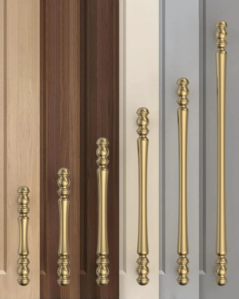 Top Shelf Brushed Brass Cabinet Handles 5 Inch Kitchen Pulls shown on assorted cabinet doors, highlighting their smooth touch and zinc alloy design.