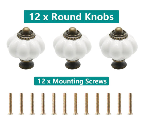 Top Shelf Vintage White Ceramic Pumpkin Cabinet Knobs Totally Bangin Styles For Kitchen Drawers And Bedroom Dressers Gonna Upgrade Any Space Quick Install 12 Piece Hardware Bundle Included, featuring 12 round knobs and 12 mounting screws.