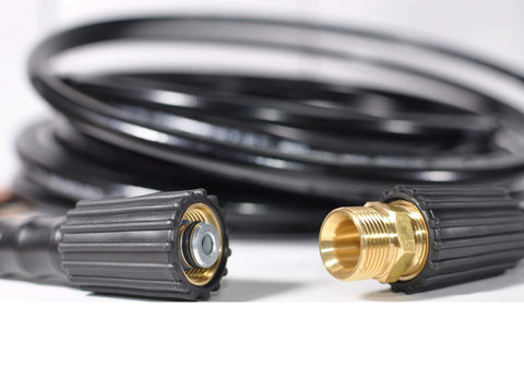 Close-up of YAMATIC brass pressure washer hose connector with double M22-14mm male couplers