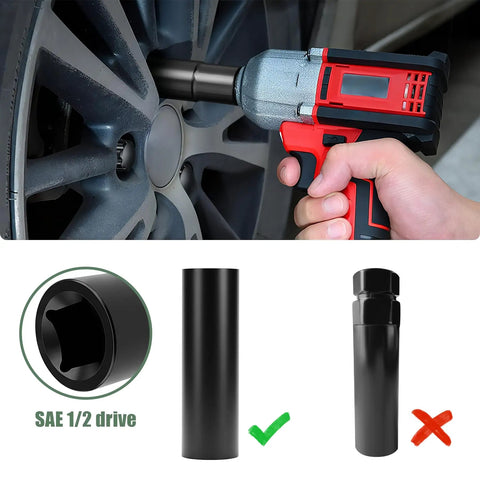 Pro Shop 7 Spline Lug Socket With Half Inch Drive Impact Rating Tears Off Stubborn M14 And 9 16 Inch Wheel Bolts using an impact gun.