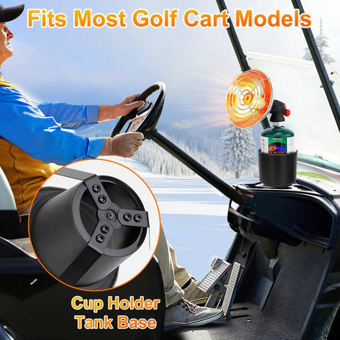 Portable Propane Heater for Golf Carts With Cup Holder Keeps You Toasty In Cold Rounds shown installed in golf cart
