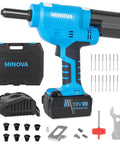 Heavy Duty Brushless Cordless Rivet Gun With 18V 4Ah Battery For All Material Blind Fasteners with accessories and charger.