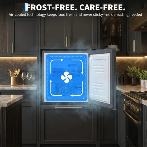 Compact Upright Freezer 1.1 Cubic Foot Stainless Steel Mini Cooler displayed with frost-free technology for fresh food.