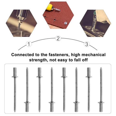 50 Pieces Stainless Steel Blind Rivets Kit With Easy Install And Precise Specs For DIY, showing rivets design and installation steps.