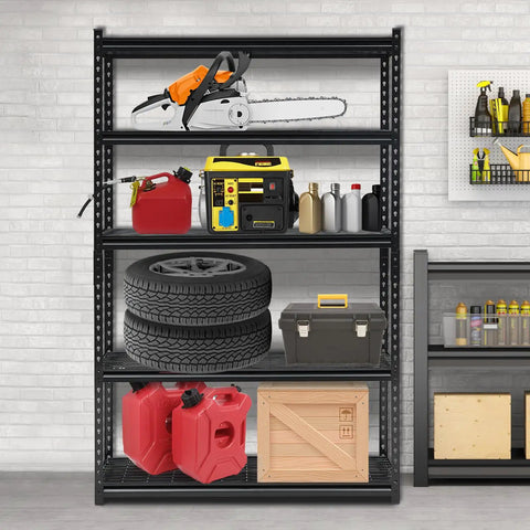 Five Tier Heavy Duty Adjustable Metal Garage Storage Shelves Black Steel Rack With Massive 2200 Pound Load Rating Featuring Badass Durability For Shop Tools And Hardware filled with tools and containers.