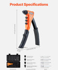 Heavy Duty Single Hand Pop Rivet Gun Kit Rigged Out With Two Hundred Blind Rivets Four Swappable Tips And Drill Bits Tucked In A Dang Sturdy Carry Case, showing tool and accessories.