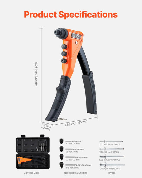 Heavy Duty Single Hand Pop Rivet Gun Kit Rigged Out With Two Hundred Blind Rivets Four Swappable Tips And Drill Bits Tucked In A Dang Sturdy Carry Case, showing tool and accessories.