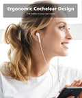 Woman wearing Two Pack Premium USB C Wired Earbuds Featuring A Built In DAC Chip And Tangle Free Four Foot Cord.