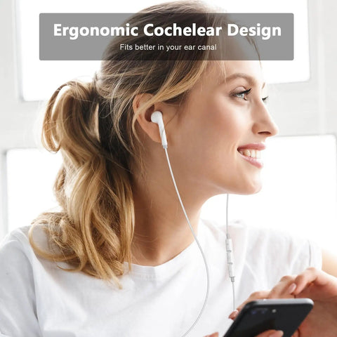Woman wearing Two Pack Premium USB C Wired Earbuds Featuring A Built In DAC Chip And Tangle Free Four Foot Cord.
