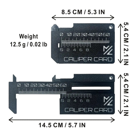 Mini Vernier Caliper Keychain, Portable Millimeter Gauge With Double Scale, black, lightweight plastic, showing dimensions and weight.