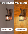 Two Pack Rustic Wood Wall Sconces Set Vintage Farmhouse Style light fixtures with natural solid wood base, light on and off view