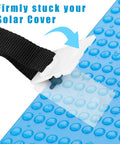 Universal Pool Solar Cover Reel Attachment Kit With Heavy Duty Straps And Clips For Inground Swimming Pools Hella Secure Grip Keeps Blanket Locked Down Sweet, showing black strap securing solar cover.