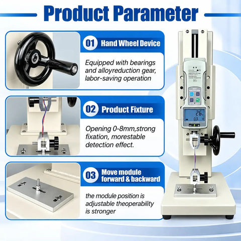 Digital Force Tester For Tension And Compression Testing Boasting Rock Solid Heavy Duty Design with hand wheel and product fixture.
