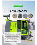 High Capacity Industrial Floor Sweeper With Brush And Suction Technology For Factory Warehouse Cleaning Heavy Duty Commercial Auto Sweepers side view with highlights of advantages.