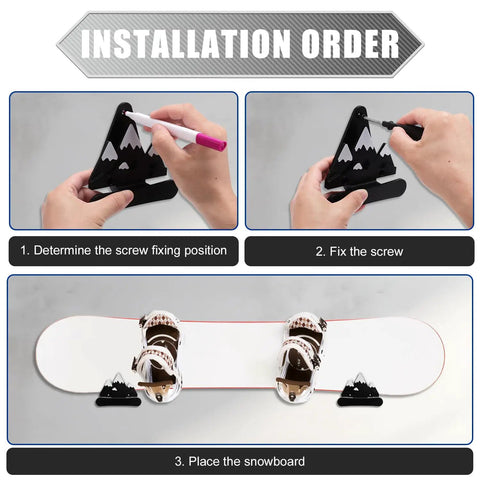 Installation steps for Sturdy Snowboard Wall Mount Racks Hold Four Boards Securely for Garage or Bedroom Displays.