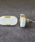 Oval Stone And Brass Knob Set For Drawers And Cabinets 1.5 Inch Natural Stone Knobs With Brass Mount Gold White Finish Set of 6