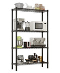 Heavy Duty Hella Sturdy Four Tier Metal Wire Shelving Unit With Adjustable Shelf Levels Badass Black Steel Storage Rack featuring kitchen appliances.