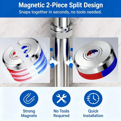 Magnetic Split Faucet Decorative Cover Wall Mount Pipe Escutcheon shown with two-piece design for quick and tool-free installation.