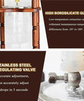 Big Batch Cold Brew Coffee Maker With Adjustable Stainless Steel Dripper And Roomy Borosilicate Glass Carafe detailing glass and valve features.