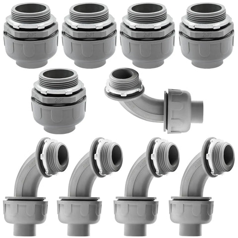 10 Pack 2 Inch Liquid Tight PVC Conduit Connectors Set Straight and 90 Degree and 180 Degree Non Metallic Flexible Fittings Gray