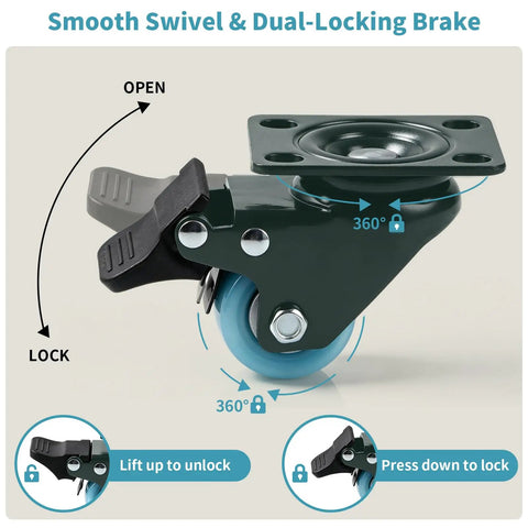 Heavy Duty Swivel Plate Casters With Brakes Polyurethane Tread Rolls Smooth As Silk Indoors Built Tough Steel Base showing dual-lock brake