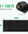 Heavy Duty Weed Barrier Fabric 3ft By 100ft Ground Cover roll, PP woven, 3.2oz, displayed with size and thickness specifications.
