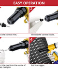 Heavy Duty Pneumatic Rivet Gun With Four Swappable Nozzles For Aluminum Steel Iron Fasteners, showcasing easy operation steps for metal fastening.