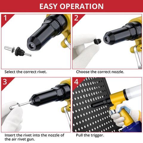 Heavy Duty Pneumatic Rivet Gun With Four Swappable Nozzles For Aluminum Steel Iron Fasteners, showcasing easy operation steps for metal fastening.