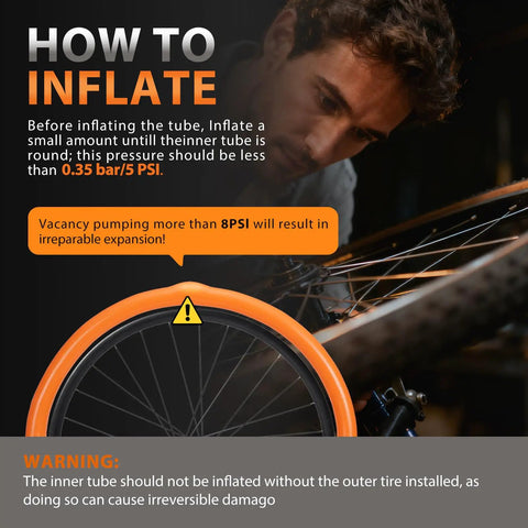 Two Pack Ultralight TPU Bike Inner Tubes 700C 18 32C Fits Road And Gravel Bikes With 65Mm Presta Valves Include Patch Kit Orange Featherweight At About Thirty Five Grams For Ride Ready For Tough Gravel And Road Rides displayed with inflation instructions.