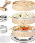 Real Deal 10 Inch Bamboo Steamer Basket Set With Dome Lid Stainless Steel Ring Adapter Dough Roller Press Tools For No Sweat Homemade Dim Sum Buns, featuring stacked baskets and rolling tools.