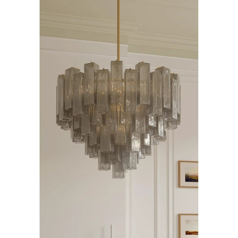 Top Shelf 15 Light Pendant Fixture Featuring Authentic Legacy Brass Finishes And Hand Crafted Grey Smoke Glass, large grey smoke glass chandelier.