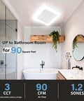 Super Quiet Bathroom Exhaust Fan With Light 90 CFM 1.2 Sone 1000 Lumen Dimmable 3CCT LED Light in modern bathroom ceiling.