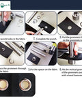 Instructions for using the Hardcore 2mm Plated Copper Grommets Kit with tools on leather fabric.