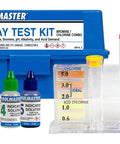 5-Way Liquid Reagent Pool Water Test Kit tests chlorine, bromine, pH, alkalinity, and acid demand with colorful solutions.