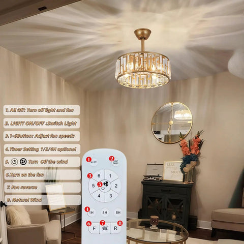 Crystal Caged Ceiling Fan With Light Remote Control 18 Inch Fandelier Chandelier in living room with remote and instructions.