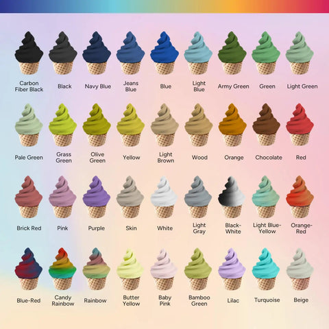 Colorful assortment of soft-serve ice cream cones displaying various flavors and hues on a pastel gradient background.