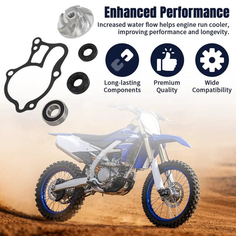 Top Shelf Water Pump Rebuild Kit Equipped With High Flow Billet Impeller And Heavy Duty Bearing Seals For Yamaha Yz250 And Yz250x Off Road Motors, featuring components and gasket display.