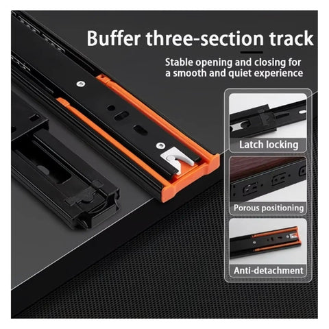 Professional Grade Metal Buffer Drawer Slides Delivers Top Shelf Performance And Dead Easy Bottom Mounted Installation For Silky Smooth Cabinet Glides On Any Home Project - Three-section track with latch locking and anti-detachment features.