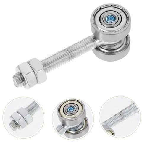 Heavy Duty Sliding Door Roller Pulley Assembly With Double Bearings For Smooth Gliding Patio And Window Rails Built Tough With Rock Solid Steel Hardware And A Tight Slip In Install close-up of a steel roller pulley with dual bearings and threaded bolt.